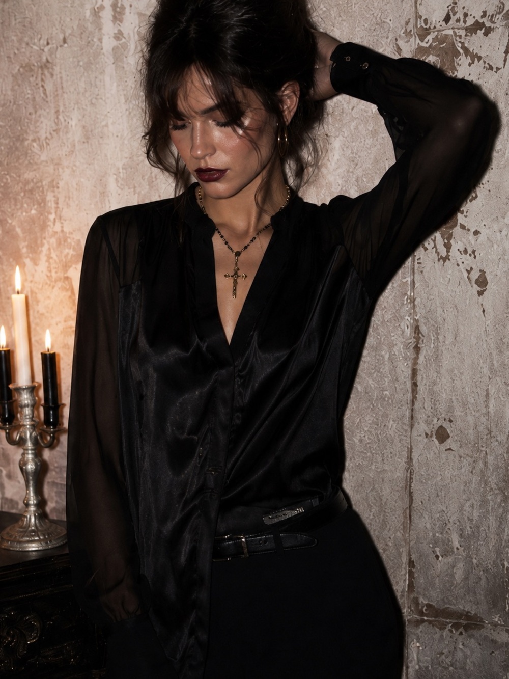 Vintage Cache Black Silk Sheer Blouse Size L Dark Romantic